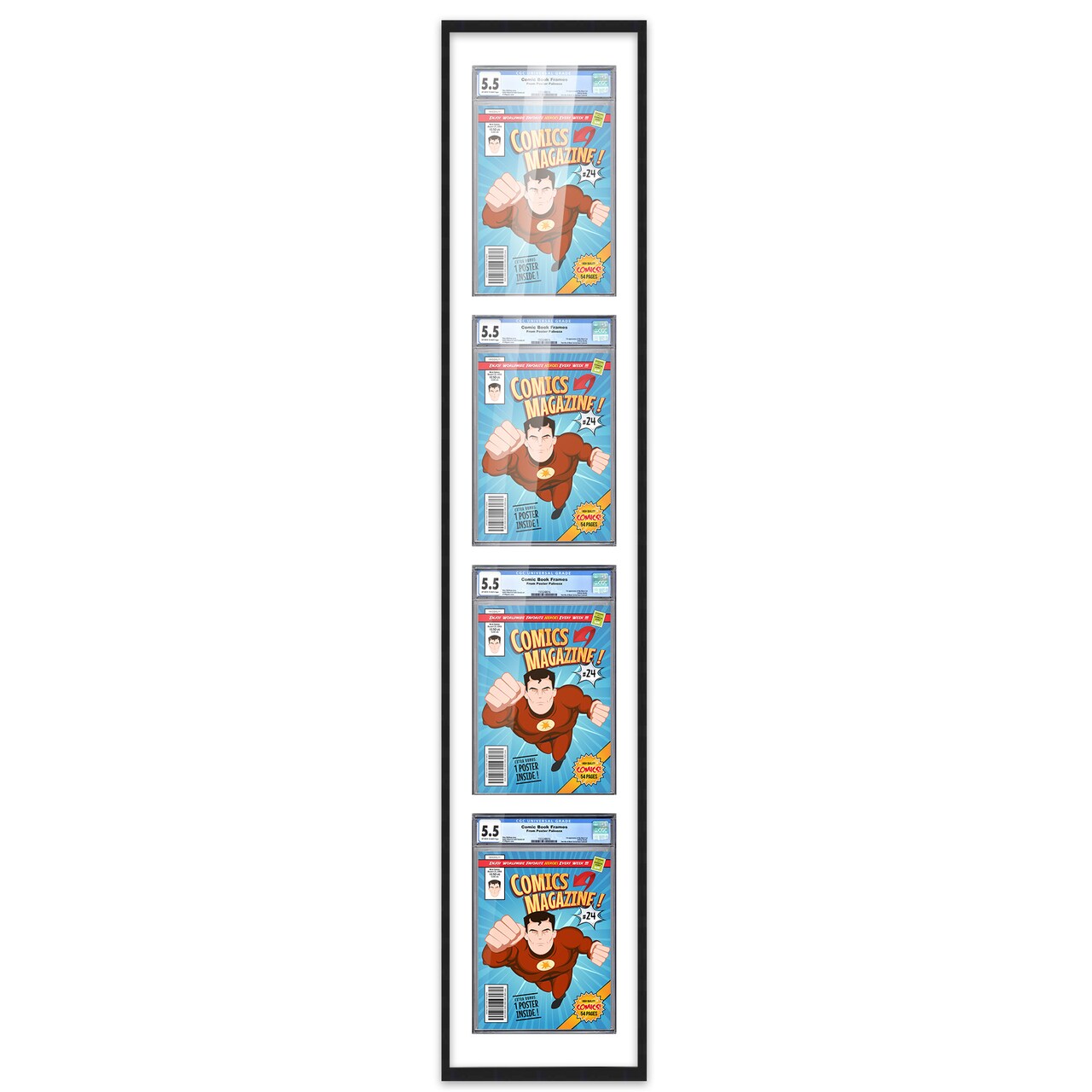 Comic Book Display Frame for CGC, PGX Graded, Slabed Comics - Black Wood Comic Frame With White Mat for 8.125x13 Comics, 18 Frame Sizes